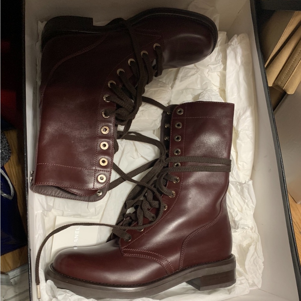 CHANEL lace-up ankle combat boots